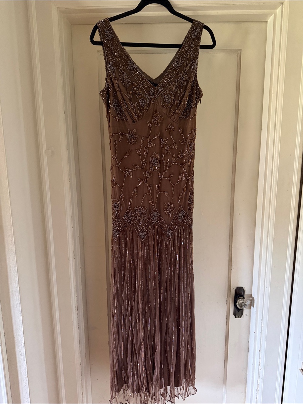 Forever New Beaded Fringe Maxi Dress in Taupe